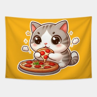 cute fat cat eat pizza cartoon illustration  transparent background Tapestry