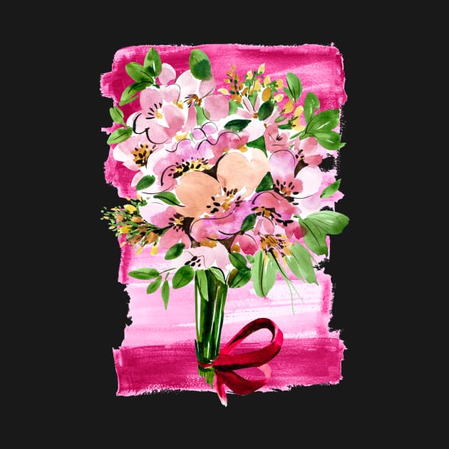 Pink flowers bouquet with red ribbon on pink background by IngaDesign