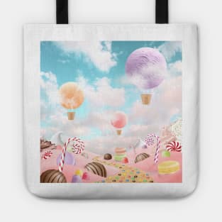 Sweets wonderworld landscape. Magic fairytale children illustration. Fantasy Hot Air Balloons on candy landscape Tote