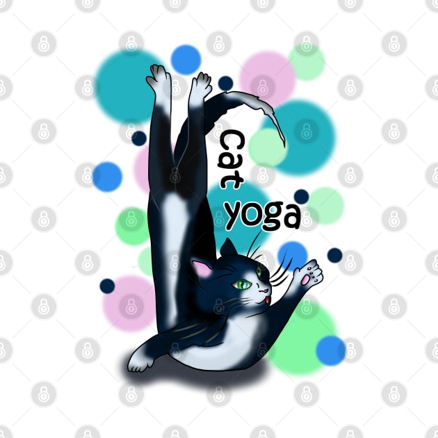 Cute cartoon black and white cat yoga pose by cuisinecat