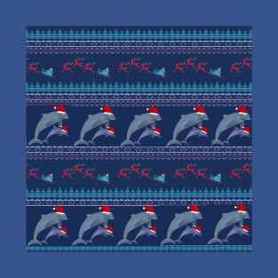 Merry Christmas Ugly Sweater Design with Dolphin in Santa Hats T-Shirt