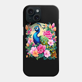 A Cute Peacock Surrounded by Bold Vibrant Spring Flowers Phone Case