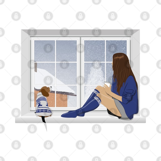 Girl and beagle dog sitting on the window. by NinoRc