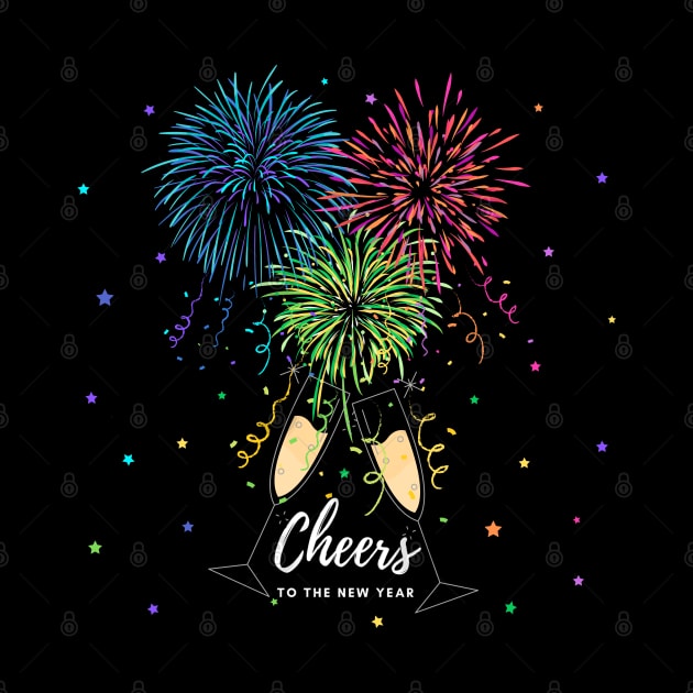 Cheers to the New Year Fireworks, Champagne Flutes and Stars by Deez Pixel Studio