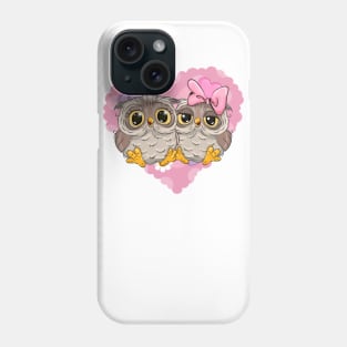 Two cute lovesick owls and a pink heart on the background Phone Case