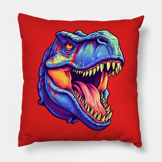 Angry colorful blue T-rex head Pillow by Clearmind Arts