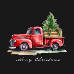 Classic Red Vintage Wagon Truck Christmas Tree Design T-Shirt