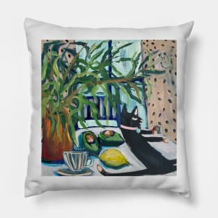 Cat on table Avocado Lemon and Plant in a Pot Pillow