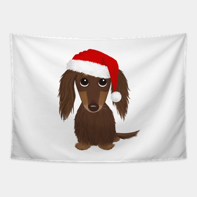 Longhaired Chocolate Dachshund with Santa Hat Cute Dog Christmas Tapestry by Coffee Squirrel