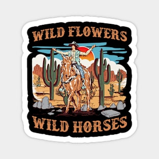 Sunset Cowgirl Riding Horse Wild Flowers - Wild Horses Gift For Mother day Women Magnet