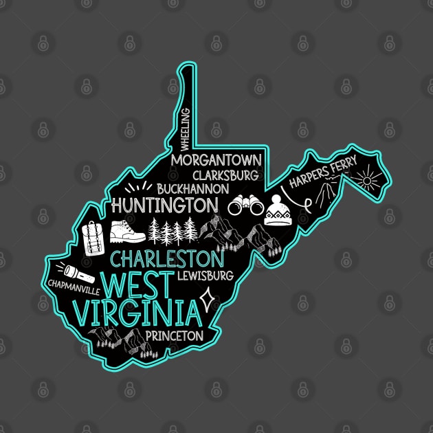 Cute map of West Virginia Charleston Lewisburg Huntington Morgantown Buckhannon by BoogieCreates