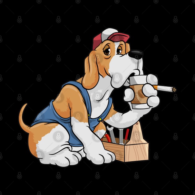 Mechanic dog is drinking coffee, smoks a cigarette by Markus Schnabel