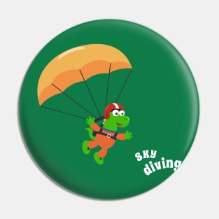 cartoon illustration of skydiving with litlle dinosaur Pin