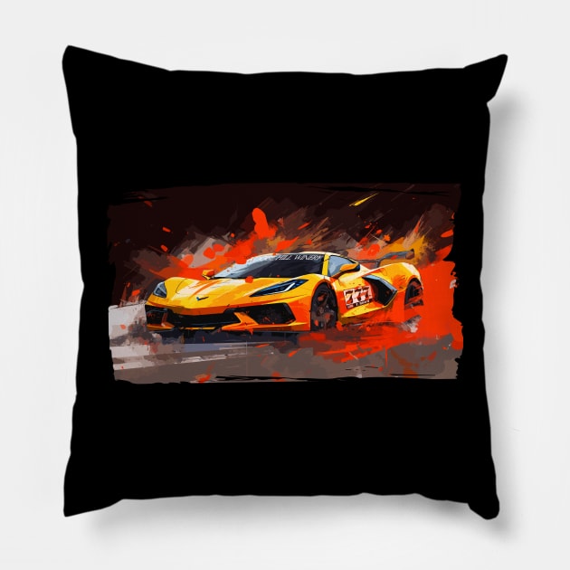 Orange C8 Corvette Racecar Splatter Art Pillow by Tees 4 Thee