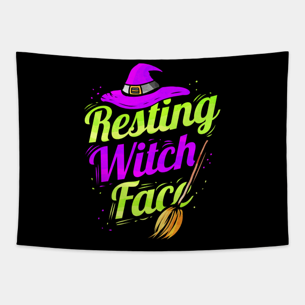 Witch hat broom Halloween Resting Witch Face Tapestry by SinBle