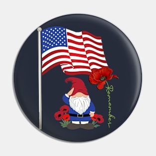 Gnome Lover, American Flag & Poppy Flowers Patriotic Pin