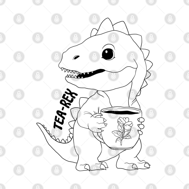 Tea Rex, T-Rex, Dinosaur, Black Line Drawing by Velvet Earth