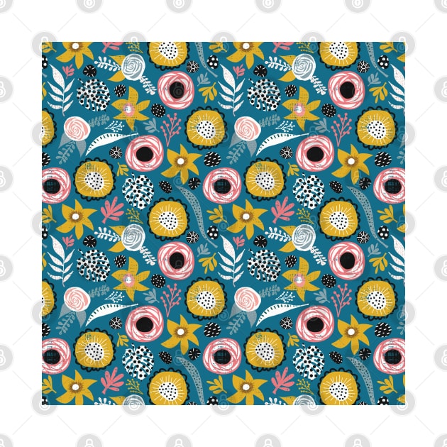 Scandinavian Florals And Leaves Teal and Mustard Yellow by Sandra Hutter Designs