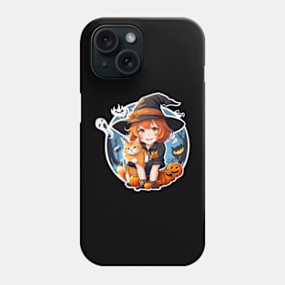 Magical Halloween Moment: Young Witch Cuddling a Black Ca Phone Case