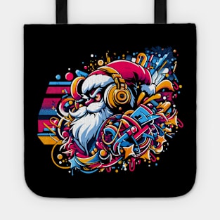 Santa Claus with headphones on his ears listening to music. Tote