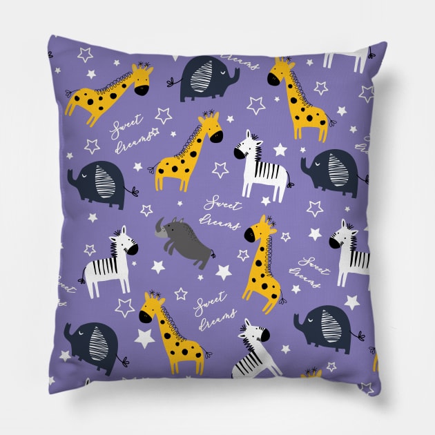 Sweet dreams little one zoo animals cute pattern purple Pillow by Arch4Design