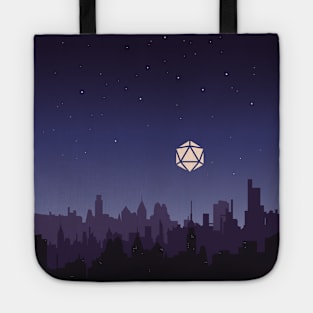 Midnight Starry Night D20 Dice Over City Tabletop RPG Cityscape Tote