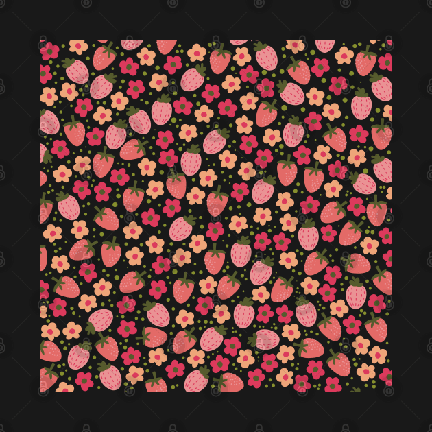 Red and pink Strawberries and flowers in a happy pattern by marina63