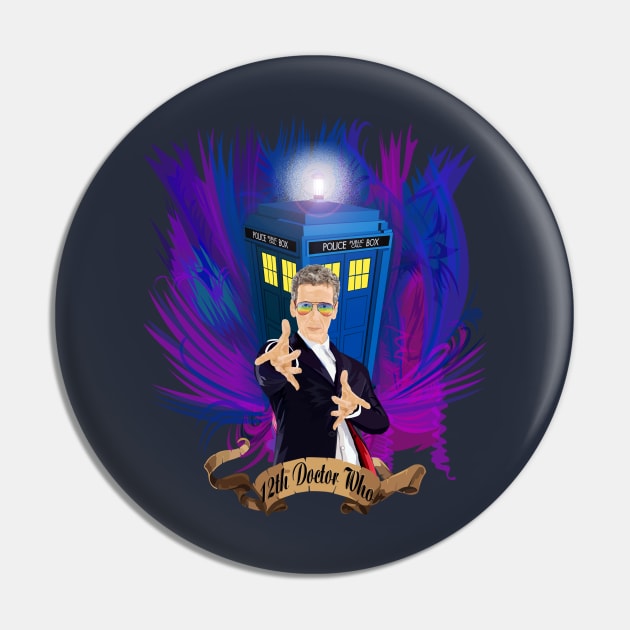 12th Doctor with blue Phone booth Pin by Dezigner007