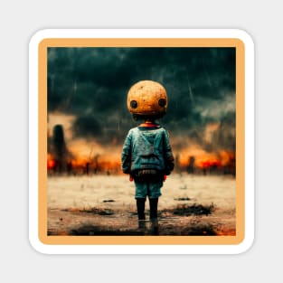 A kid with an orange helmet in a post-apocalyptic world Magnet