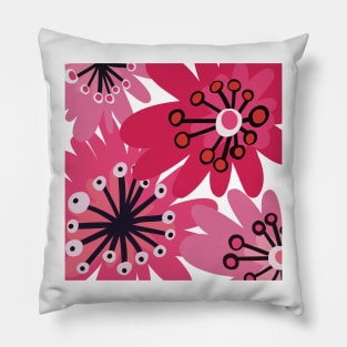 Fun retro flowerpower pattern in 1970-style, in pink, red and black large flowers Pillow