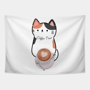 Coffee Time Cute Calico Cat Tapestry