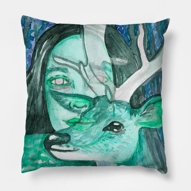 Psychedelic wild deer and girl Pillow by deadblackpony