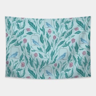 Green birds in cage with pink flowers on sky blue background Tapestry