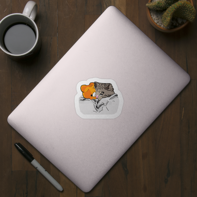 Sad Kitten Cat Crying Bed With Teddy Meme Cat Memes Sticker Teepublic