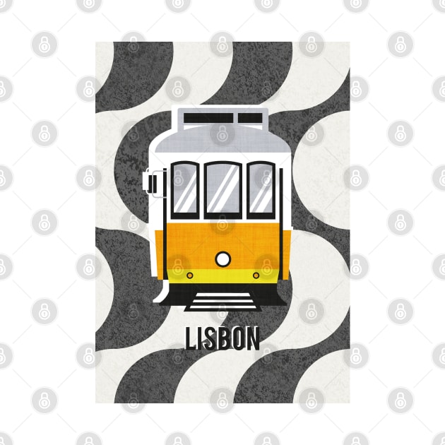 Lisbon trams // print // Portuguese Rossio cobblestone inspiration background lemon lime and marigold transport by SelmaCardoso