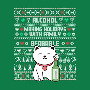 Ugly Christmas Sweater - Cute cat drinking alcohol T-Shirt