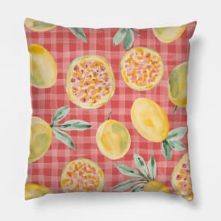 Watercolor painting of yellow passion fruit on coral textured background Pillow