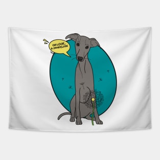 Funny greyhound design; Grey Italian greyhound with a dandelion flower Tapestry