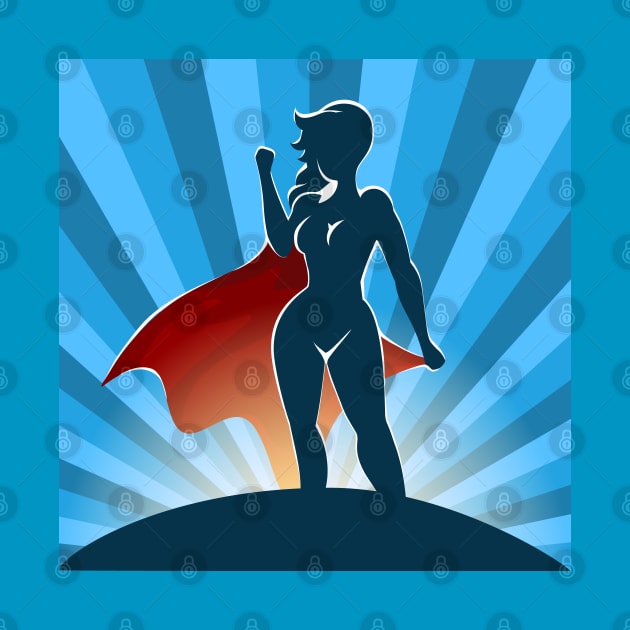 Female Superhero Standing on Blue Burst background by devaleta