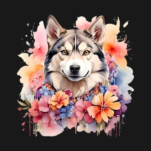 A siberian husky decorated with beautiful watercolor flowers T-Shirt