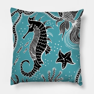 Aqua and Black Sea Life Pillow