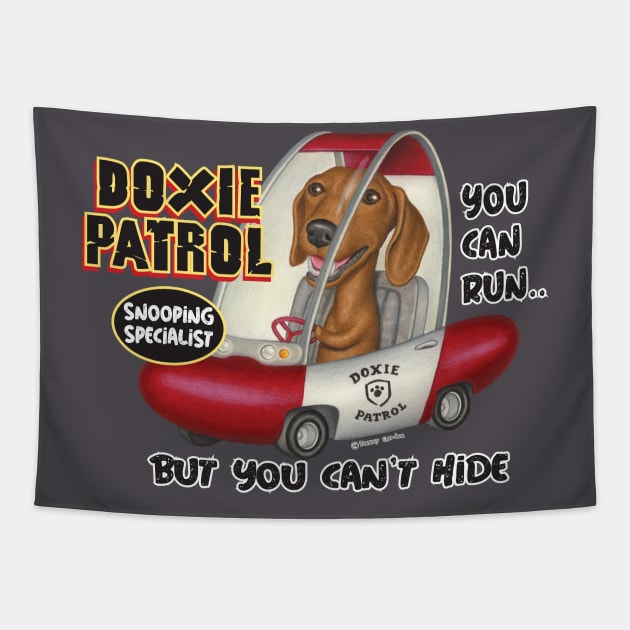 fun cute fur baby doxie dog with Dachshund Driving classic car Tapestry by Danny Gordon Art