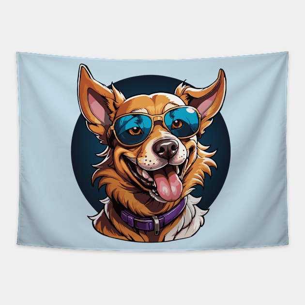 Sunny Smiles: Dog Portrait with Shades Tapestry by Arcanum Luxxe Store