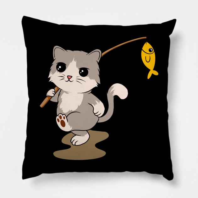 Feline Fisher: Cat with Fishing Rod and a Catch - Adventurous Tee for Cat Lovers Pillow by Hashed Art