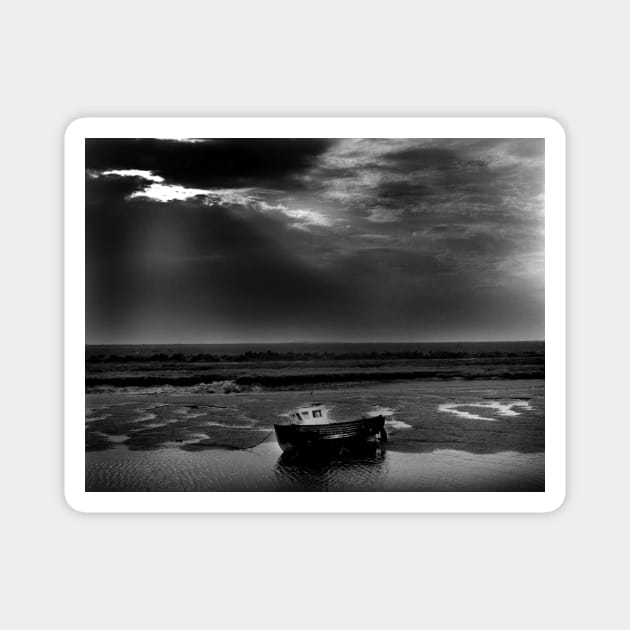 Fishing boat at low tide at Burnham Overy Staithe, Norfolk, UK Magnet by richflintphoto