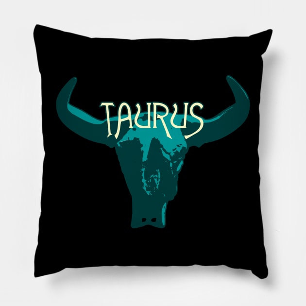 Blue Bull Skull for Taurus Astrological Zodiac Sign Pillow by RyanJGillDesigns