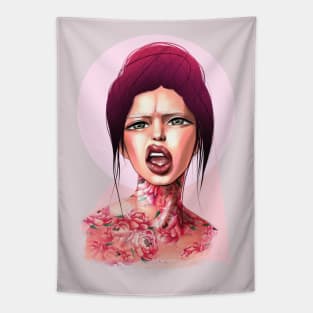 Young cute girl with beautiful color hair with peonies tattoo. Tapestry