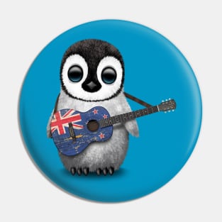 Baby Penguin Playing New Zealand Flag Guitar Pin