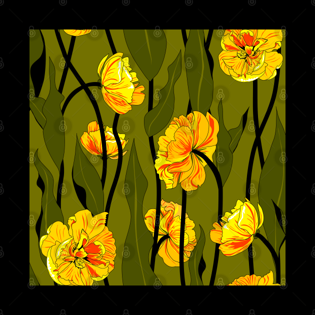 double tulips on olive green by kobyakov