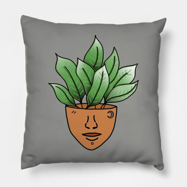 Tropical House Plant Person with a Moon Face Tattoo Pillow by Tenpmcreations